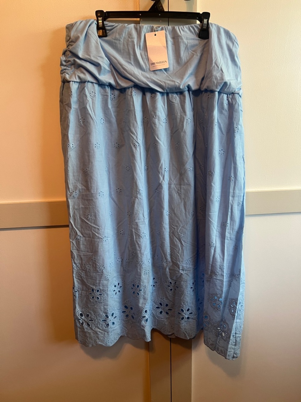 Light Blue Eyelet Midi Skirt with Elastic Waistband